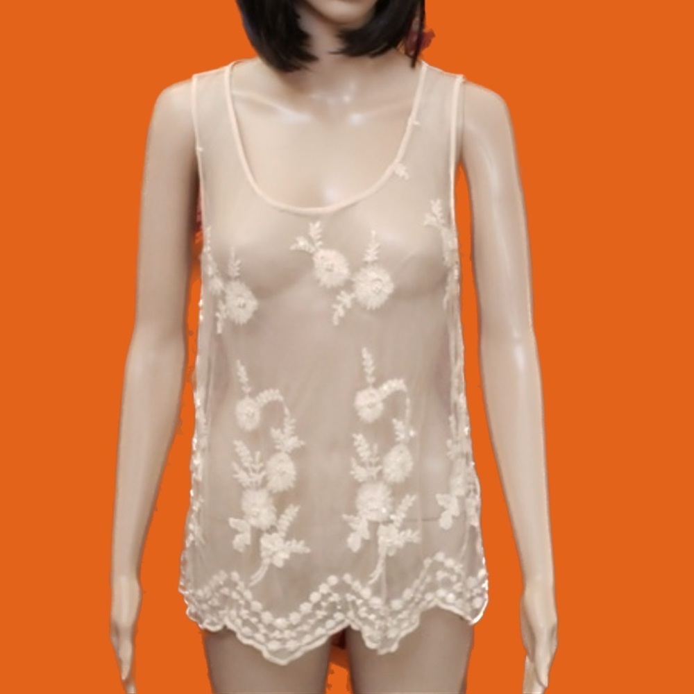 Sheer Mesh Beaded and Embroidered Sleeveless Top Medium